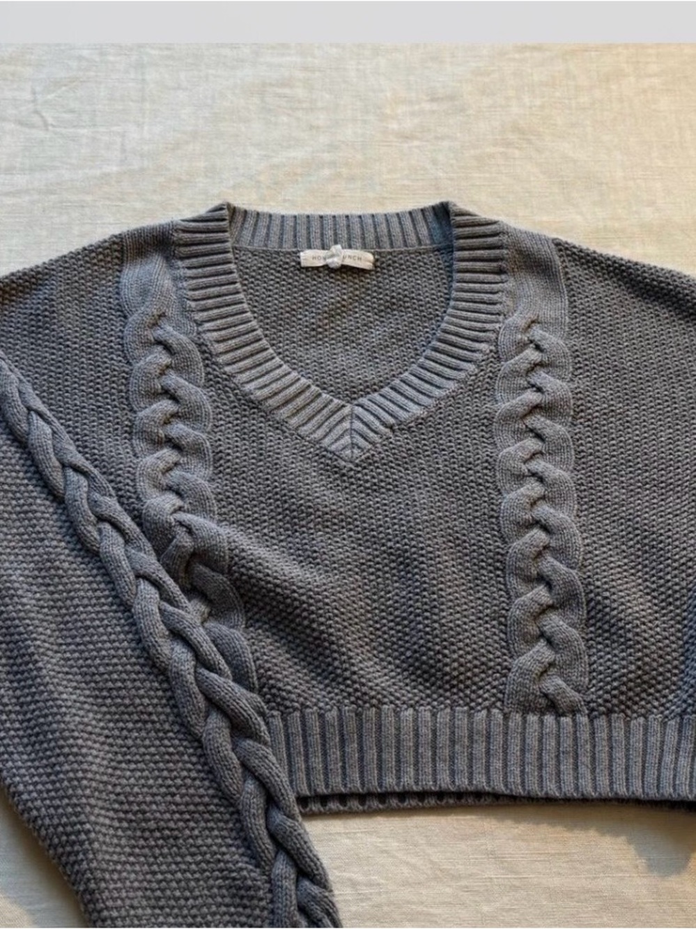 Honey Punch Grey Cable-Detail V-Neck Sweater